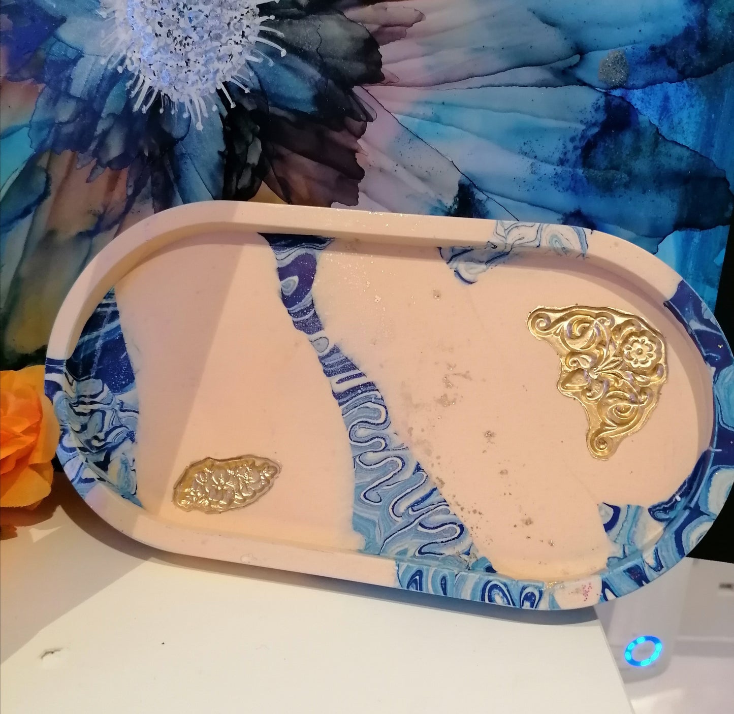 Blue-Cream Druzy Oval Tray