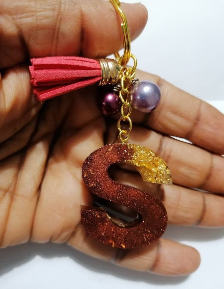 Personalised Letter S gold flake keyring