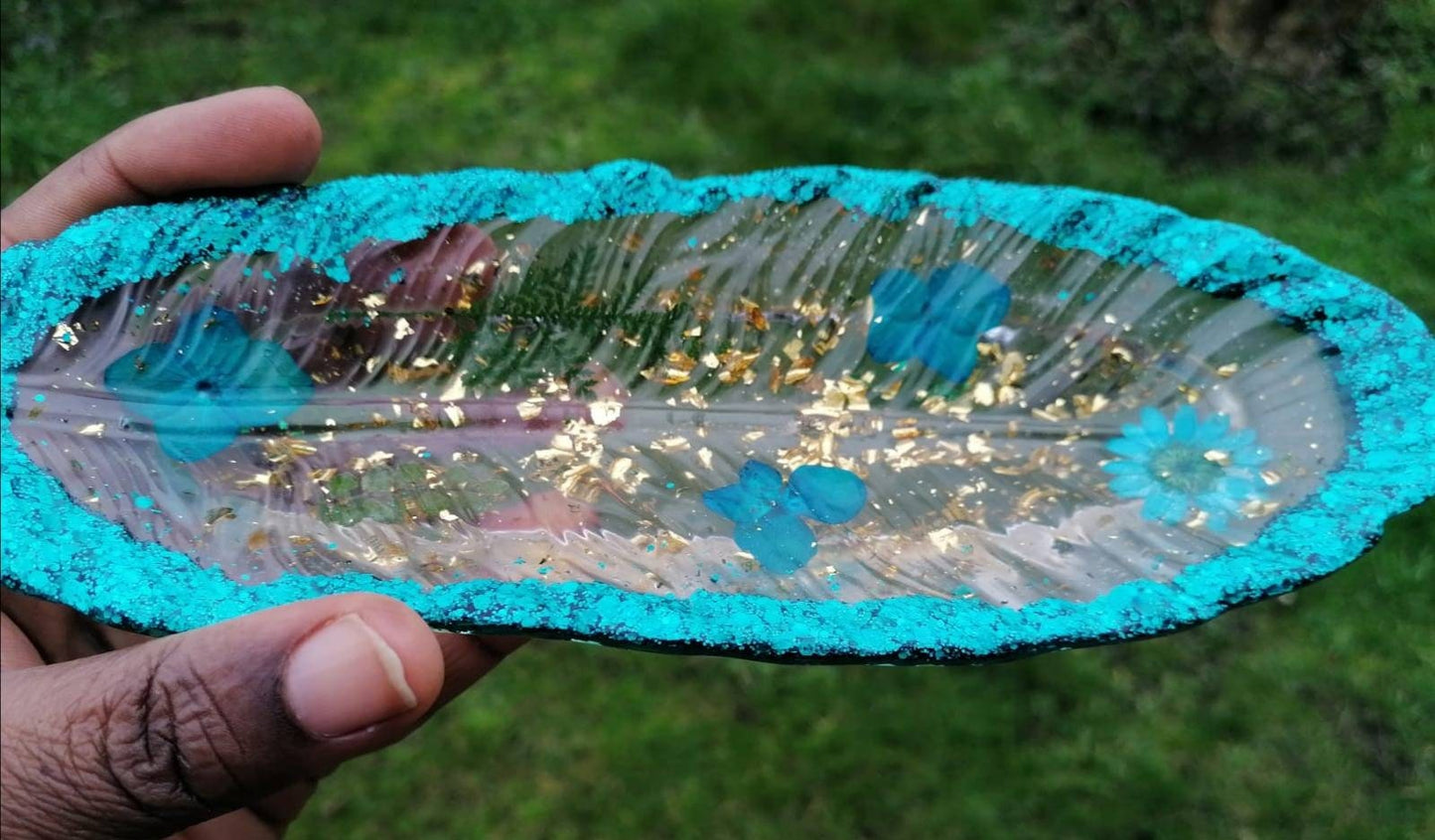 Reduce price - Turquoise Green Gold glitter and flower feather trinket tray - trinket dish - Reduce as spine broken