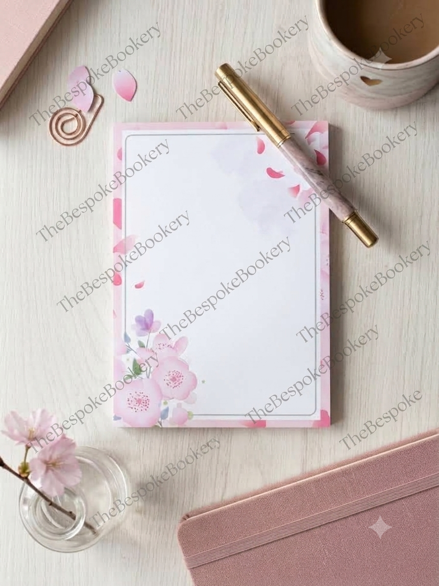 A floral notepad with pink watercolor cherry blossoms and a gold border, styled in a flat lay with a gold pen, a cup of coffee, a small flower in a glass, and a pink notebook on a light wood background.