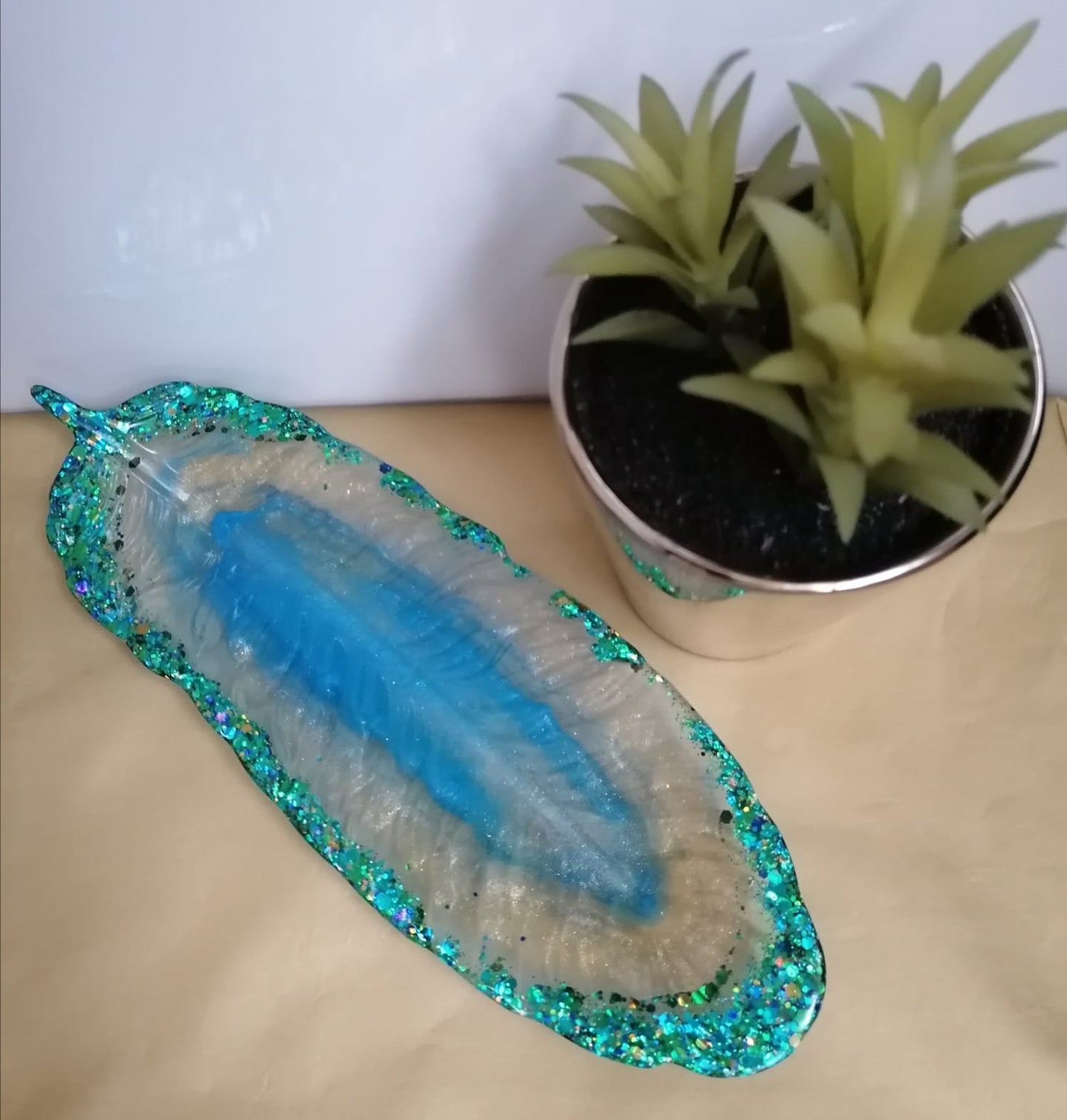 Green Blue glitter trinket tray