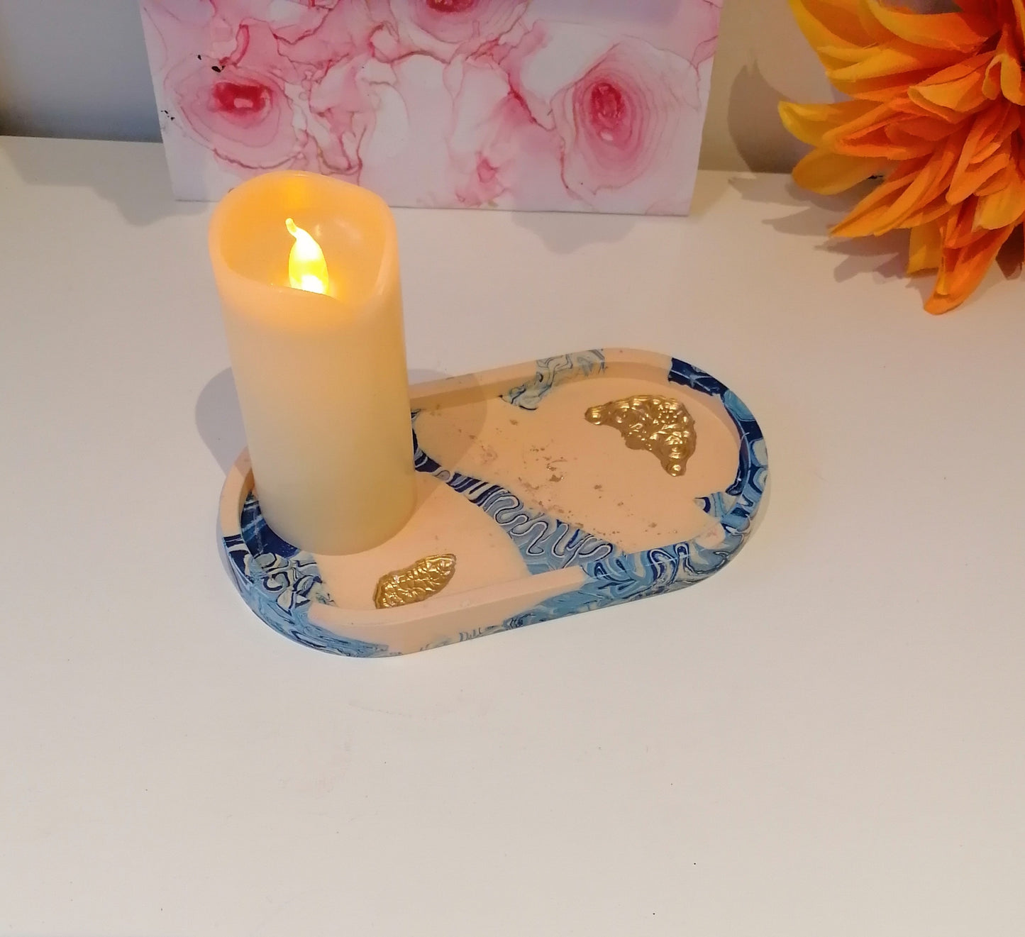 Blue-Cream Druzy Oval Tray