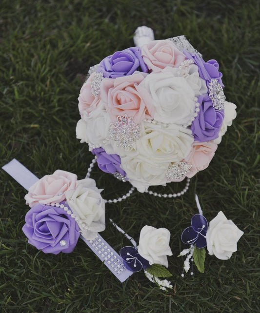 Peach Violet and Ivory Bouquet Set