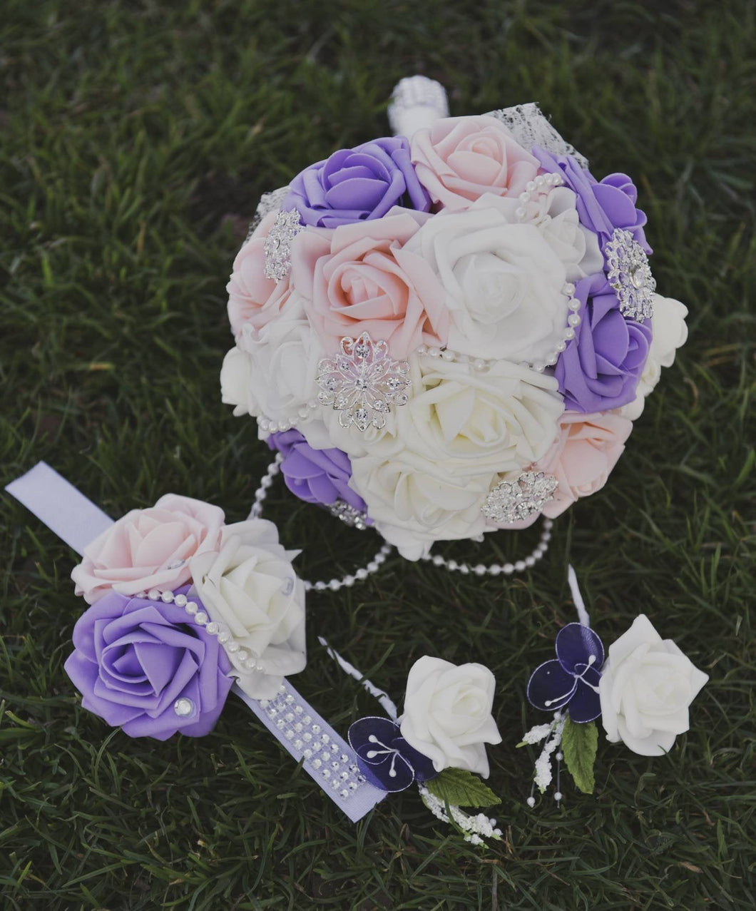 Peach Violet and Ivory Bouquet Set