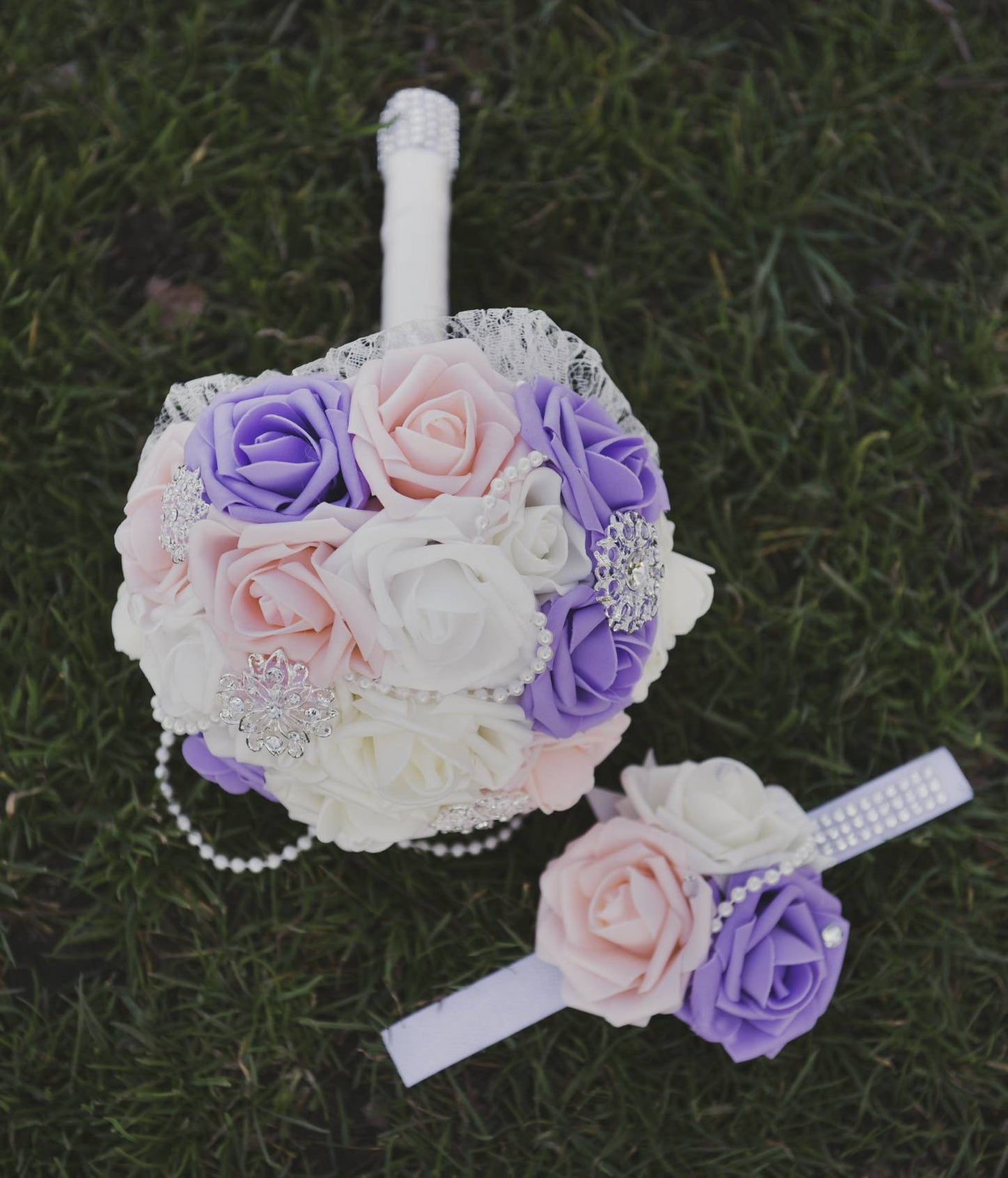 Peach Violet and Ivory Bouquet Set
