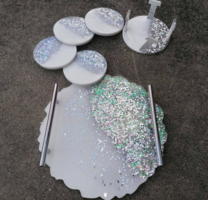 SET of resin geode luxury tray with 4 coasters and coaster holder