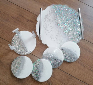 SET of resin geode luxury tray with 4 coasters and coaster holder