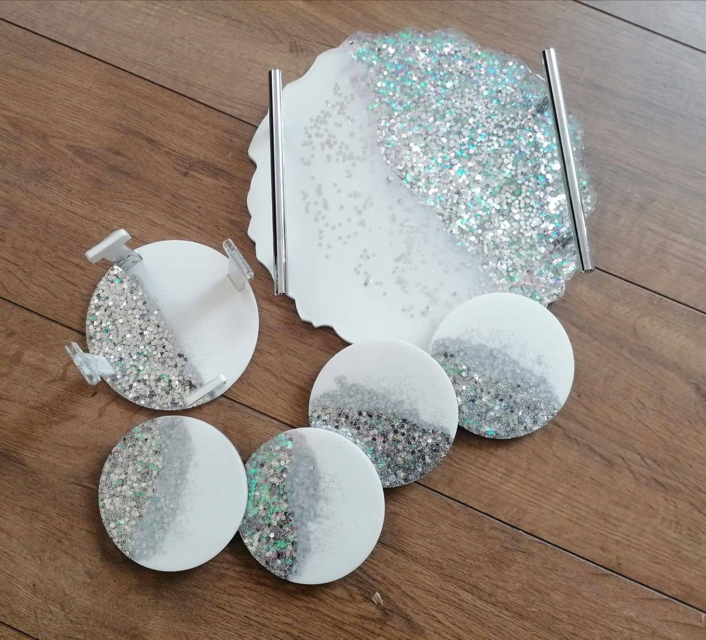 SET of resin geode luxury tray with 4 coasters and coaster holder
