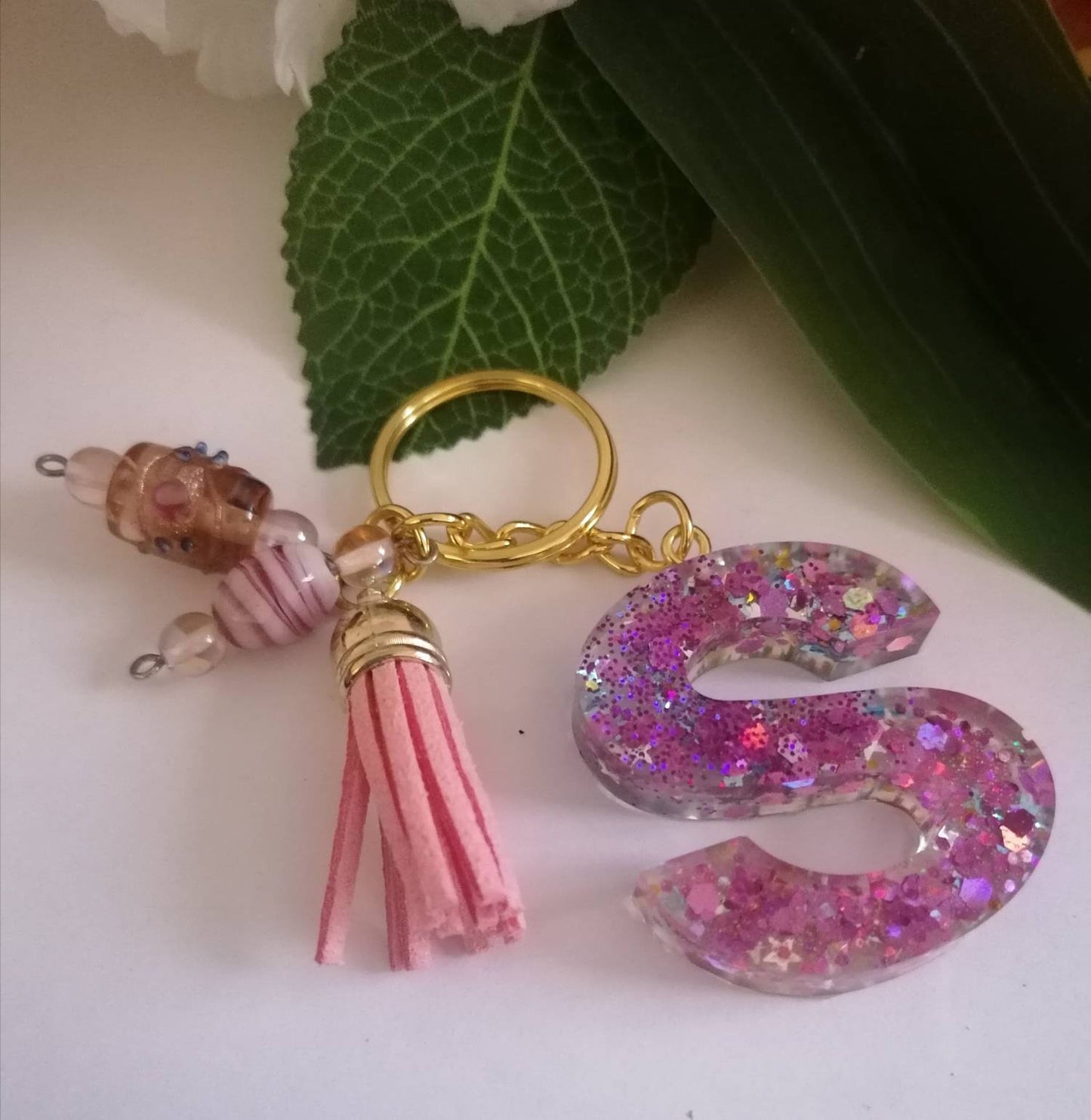 Personalised Letter S glitter bead keyring