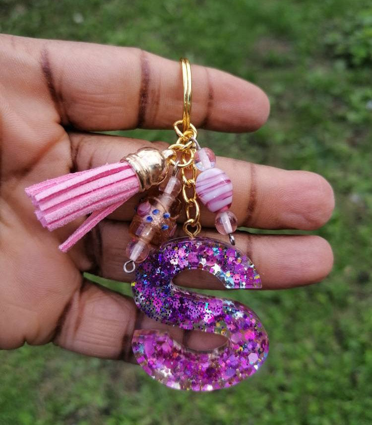Personalised Letter S glitter bead keyring