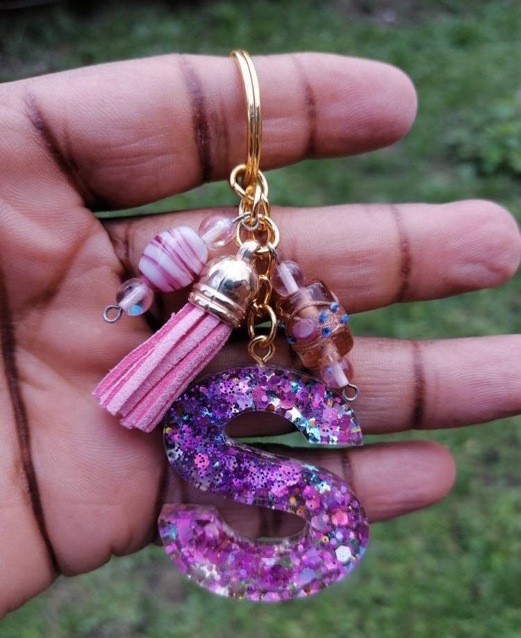 Personalised Letter S glitter bead keyring