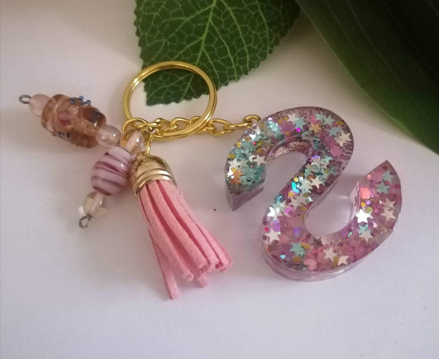 Personalised Letter S glitter bead keyring