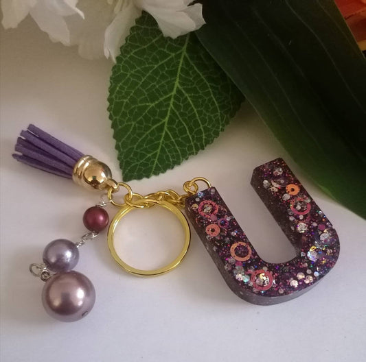 Personalised Letter U glitter bead keyring
