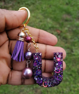 Personalised Letter U glitter bead keyring