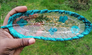 Reduce price - Turquoise Green Gold glitter and flower feather trinket tray - trinket dish - Reduce as spine broken