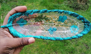 Reduce price - Turquoise Green Gold glitter and flower feather trinket tray - trinket dish - Reduce as spine broken