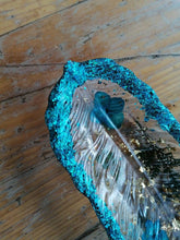 Load image into Gallery viewer, Reduce price - Turquoise Green Gold glitter and flower feather trinket tray - trinket dish - Reduce as spine broken
