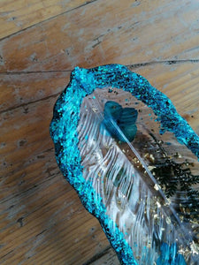 Reduce price - Turquoise Green Gold glitter and flower feather trinket tray - trinket dish - Reduce as spine broken